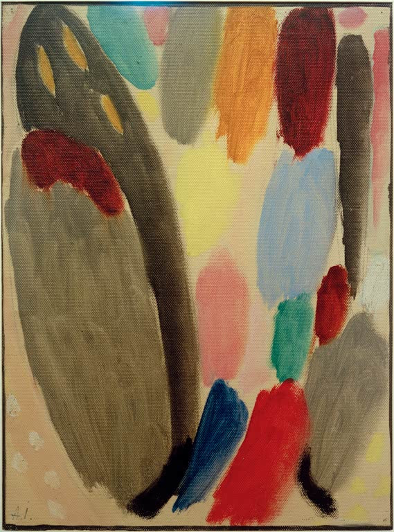Graue Ovalform mit gelben Punkten neben bunten Farbflecken – Alexej von Jawlensky Variation (Variation: Ascona) Kunstkopie