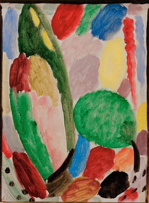 Grüne Baum- und Farbflächen in Rosa, Rot und Blau – Alexej von Jawlensky Variation: Wenn die Lerche singt Kunstkopie