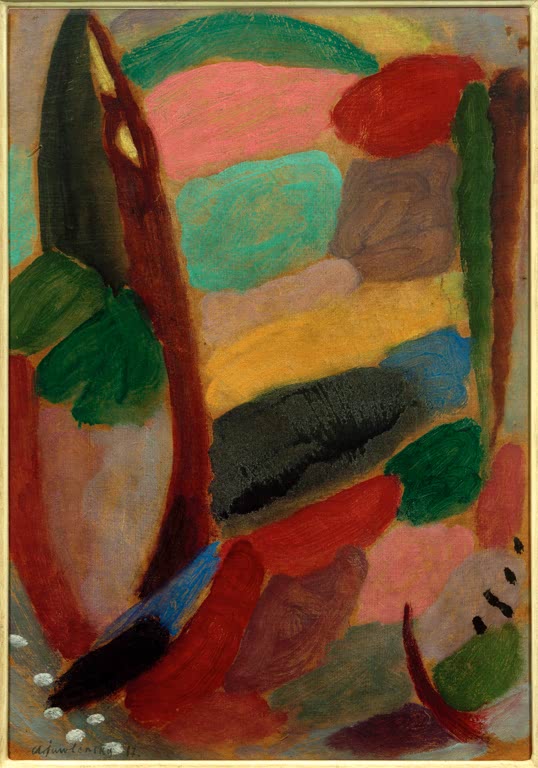 Alexej von Jawlensky Variation Kunstkopie: Abstrakte Farbflecken in Rosa, Grün und Rot mit dunklem Baumstamm