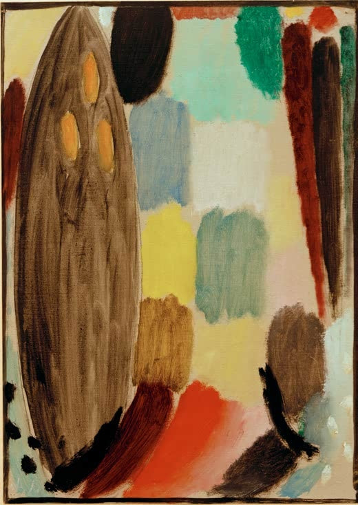 Braune Ovalform mit gelben Punkten neben pastellfarbenen Farbfeldern – Alexej von Jawlensky Variation Kunstkopie