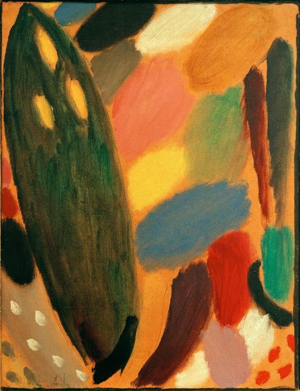 Dunkelgrüne Ovalform mit gelben Punkten zwischen orangen Farbflecken – Alexej von Jawlensky Variation Kunstkopie
