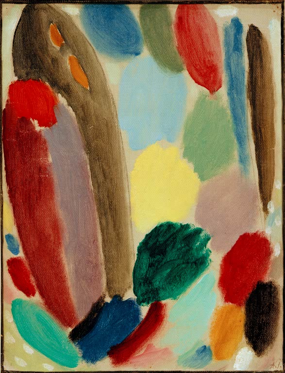Farbflecken in Rot, Blau, Gelb und Grau, senkrechte Formen – Alexej von Jawlensky Variation Kunstkopie