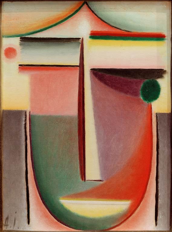 Gesicht aus violetten, roten und grauen Flächen unter einem Bogen – Alexej von Jawlensky Violetter Schatten Kunstkopie