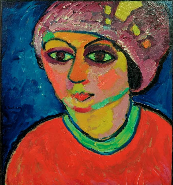 Frau mit violettem Turban, grünen Augen und rotem Pullover vor Blau – Alexej von Jawlensky Violetter Turban Kunstkopie
