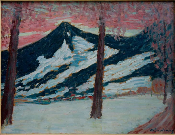 Alexej von Jawlensky Vorfrühling in Füssen Kunstkopie: Verschneiter Berg zwischen zwei kahlen Bäumen unter rosa Himmel