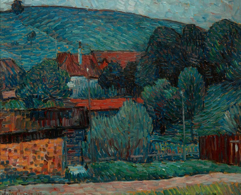 Alexej von Jawlensky Wasserburg am Inn Melancholie am Abend Kunstkopie, rote Dächer zwischen dichtem Grün und blauem Hügelzug