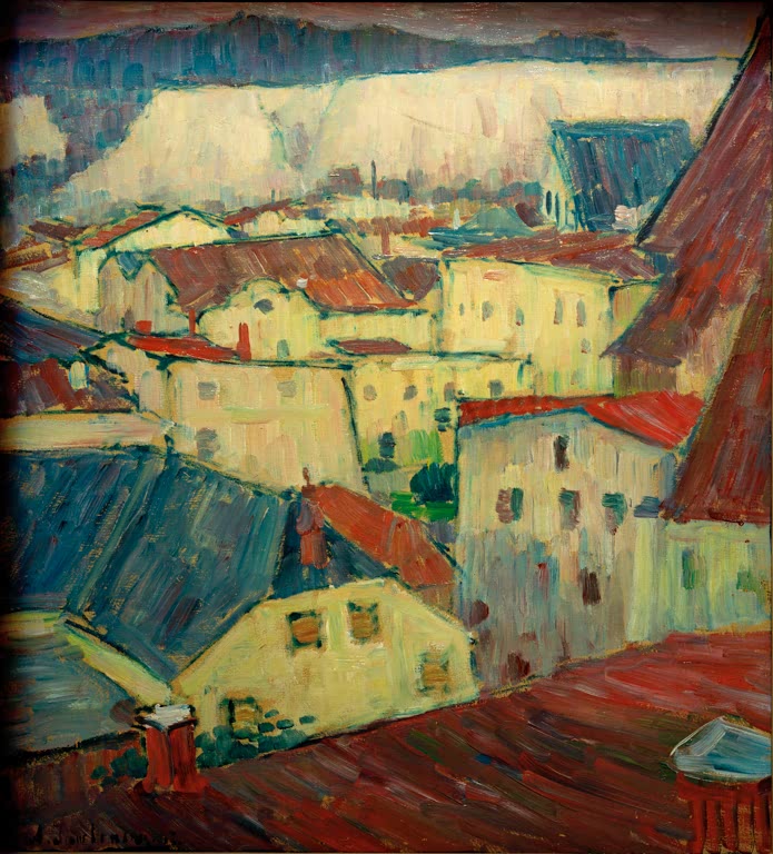 Dächer und Häuser der Stadt in Gelb und Rot unter hellem Himmel – Alexej von Jawlensky Wasserburg am Inn Kunstkopie