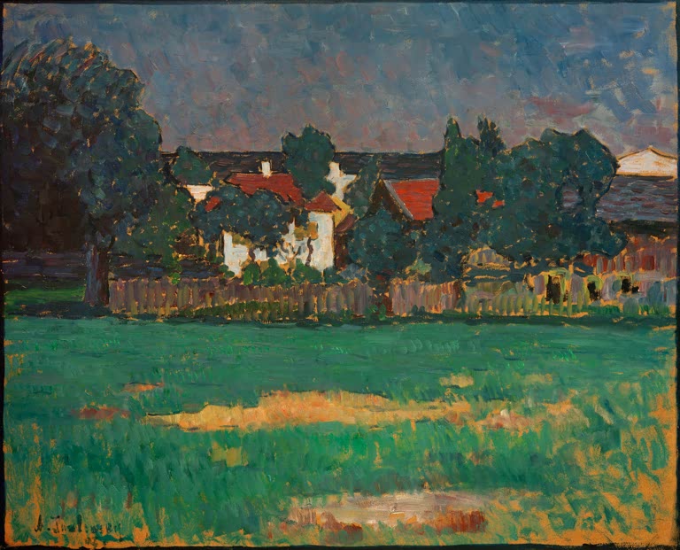 Alexej von Jawlensky Wasserburger Landschaft Kunstkopie – Häuser hinter Gartenzaun und grüne Wiese unter bewölktem Himmel