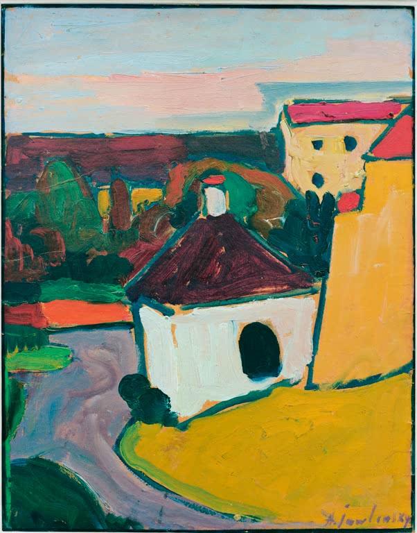 Alexej von Jawlensky Weiße Kapelle in Murnau Kunstkopie: Weiße Kapelle mit dunklem Dach und gelbem Gebäude vor rosa Himmel