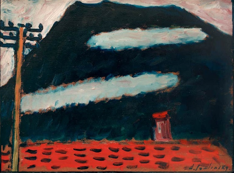 Alexej von Jawlensky Zwei weiße Wolken Kunstkopie – Dunkler Berg mit zwei weißen Wolken, Telegrafenmast und rotem Feld