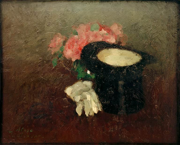 Schwarzer Zylinder mit rosa Rosen und weißen Handschuhen – Alexej von Jawlensky Zylinder mit Handschuhen und Rosen Kunstkopie