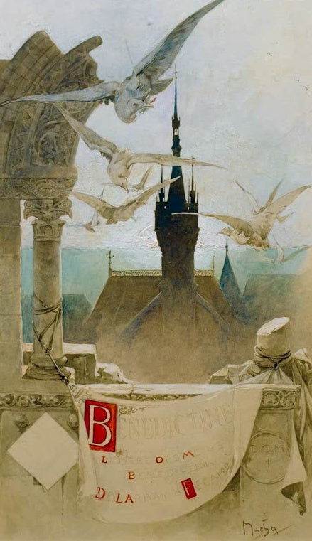 Alfons Mucha Bénédictine, Studie für ein Plakat Kunstkopie, Tauben vor gotischem Turm über Banner mit Schriftzug