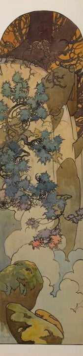 Alfons Mucha Blaue Disteln vor Wolken Kunstkopie, blaue Distelblüten, Felsbrocken und weiche Wolken im schmalen Hochformat