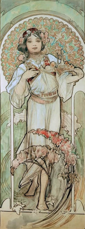 Alfons Mucha Bosnien-Herzegowina, Plakatentwurf Kunstkopie, junge Frau in Tracht mit Obstschale und Krug vor Ornamentbogen