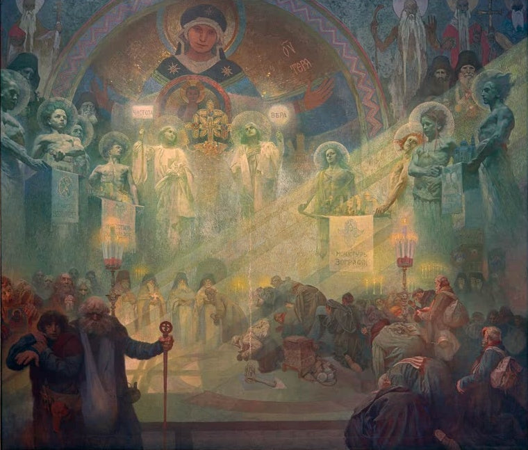 Alfons Mucha Der heilige Berg Athos Kunstkopie, Pilger in einer Klosterkirche unter leuchtenden Heiligenfiguren