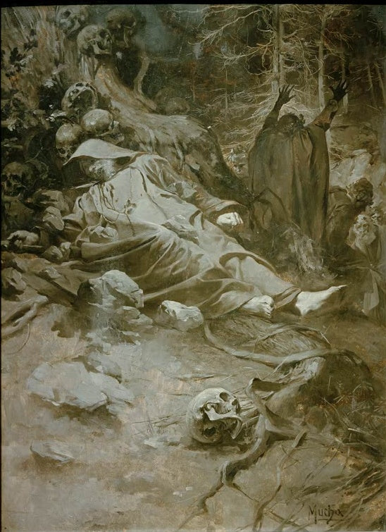 Alfons Mucha Der Tod des heiligen Adalbert Kunstkopie, Mönch in Kutte zwischen Totenschädeln im Wald