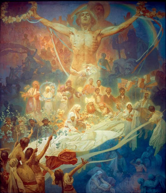 Alfons Mucha Die Apotheose der Slawen Kunstkopie, Jüngling mit ausgebreiteten Armen über Menschen in Tracht