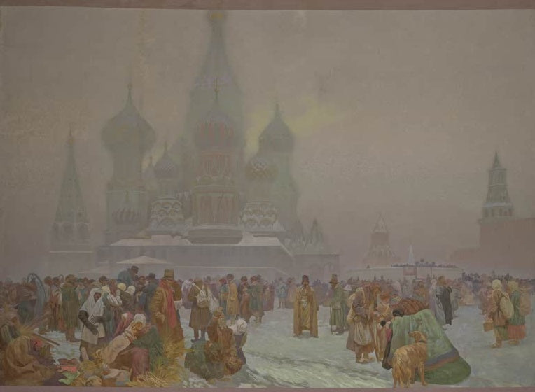 Alfons Mucha Die Aufhebung der Leibeigenschaft in Russland Kunstkopie, Menge im Schnee vor der Basilius-Kathedrale