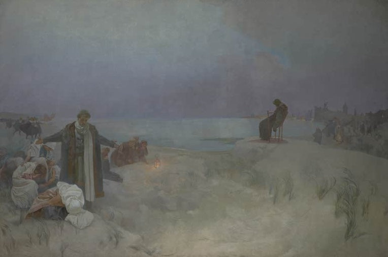 Alfons Mucha Die letzten Tage des Jan Amos Comenius in Naarden Kunstkopie, Mann mit ausgebreiteten Armen am Strand