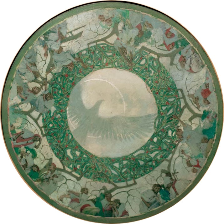 Alfons Mucha Die Slawische Einheit Kunstkopie, heller Vogel mit ausgebreiteten Flügeln im grünen Ornamentkranz