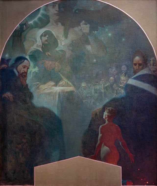 Alfons Mucha Das Opfer Kunstkopie, rote Gestalt vor thronender Frau und bärtigen Männern in dunklem Dunst