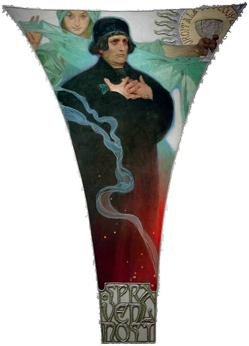 Alfons Mucha Gerechtigkeit Kunstkopie, Mann in schwarzem Gewand mit verschränkten Händen vor rotem Feuerschein