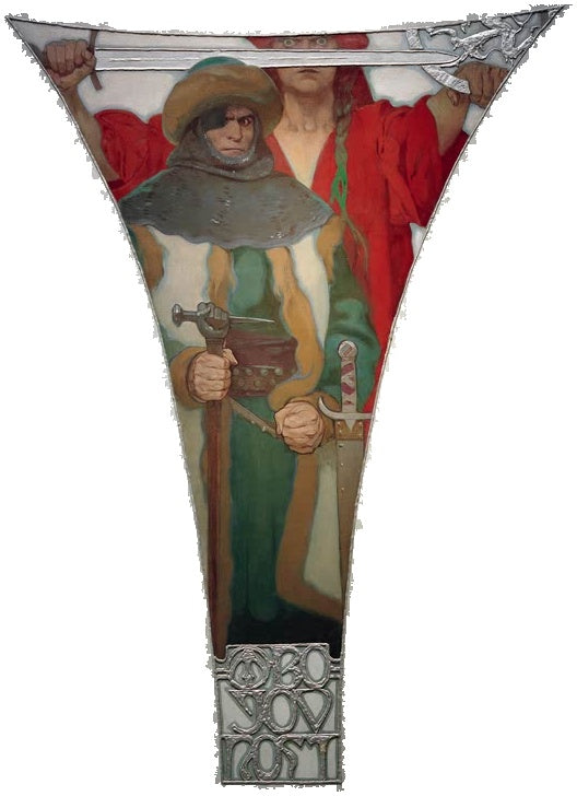 Alfons Mucha Kampflust Kunstkopie, einäugiger Krieger mit Kettenkapuze, Streitkolben und Schwert vor roter Gestalt