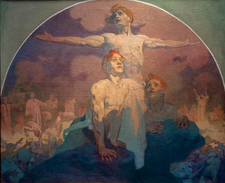 Alfons Mucha Mannbarkeit Kunstkopie, junger Mann mit ausgebreiteten Armen über zwei aufblickenden Knaben