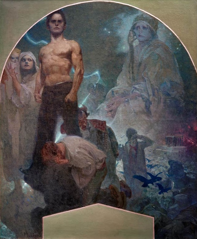 Alfons Mucha Mit eigener Kraft Kunstkopie, junger Mann auf einem Felsen vor Geisterfiguren und Raben