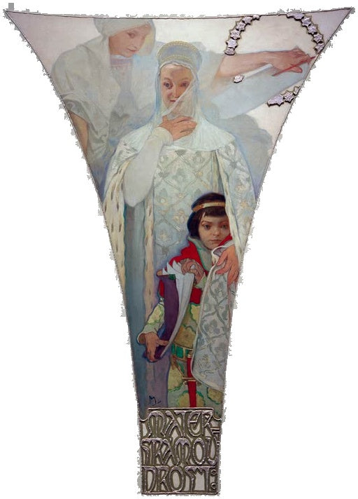 Alfons Mucha Mütterliche Weisheit Kunstkopie, Königin mit Schleier und Kind in rotem Gewand