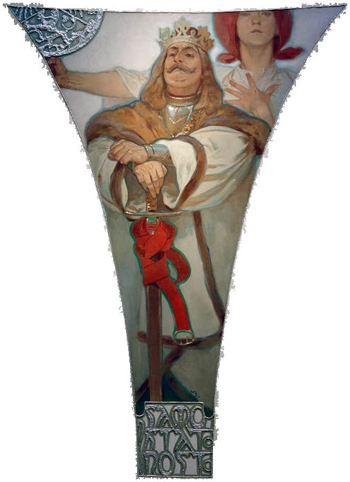 Alfons Mucha Schöpferische Kraft Kunstkopie, gekrönter Mann mit Schnurrbart auf ein Schwert gestützt, dahinter eine Frau