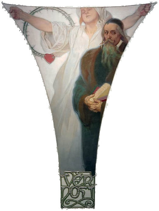 Alfons Mucha Treue Kunstkopie, bärtiger Mann mit Buch vor einer weiß gekleideten Frauengestalt mit Dornenkranz