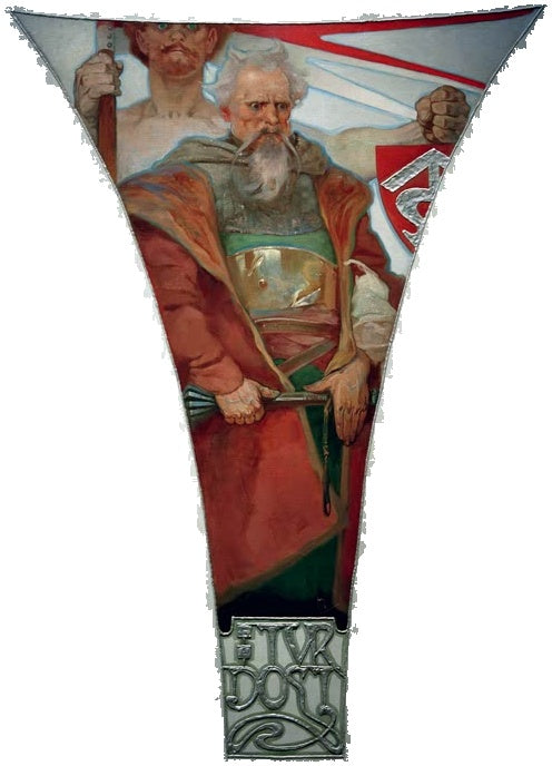 Alfons Mucha Entwurf für den Primatorensaal Unnachgiebigkeit Kunstkopie, bärtiger Hauptmann im roten Mantel