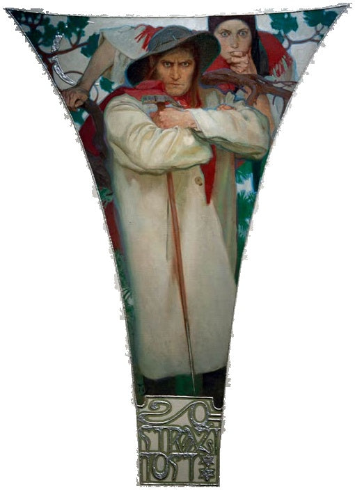 Alfons Mucha Wachsamkeit Kunstkopie, Mann mit Hut und Stock in weißem Mantel, dahinter eine Frau mit rotem Tuch