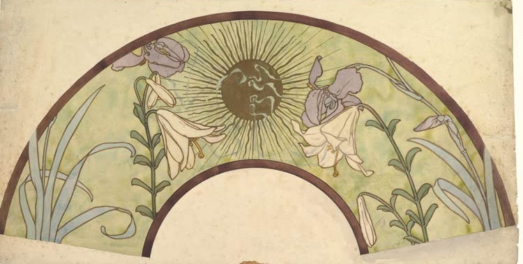 Alfons Mucha Entwurf für einen Fächer mit Durchbruch der Sonne, Lilien und Iris Kunstkopie, Fächerform mit Sonnenscheibe