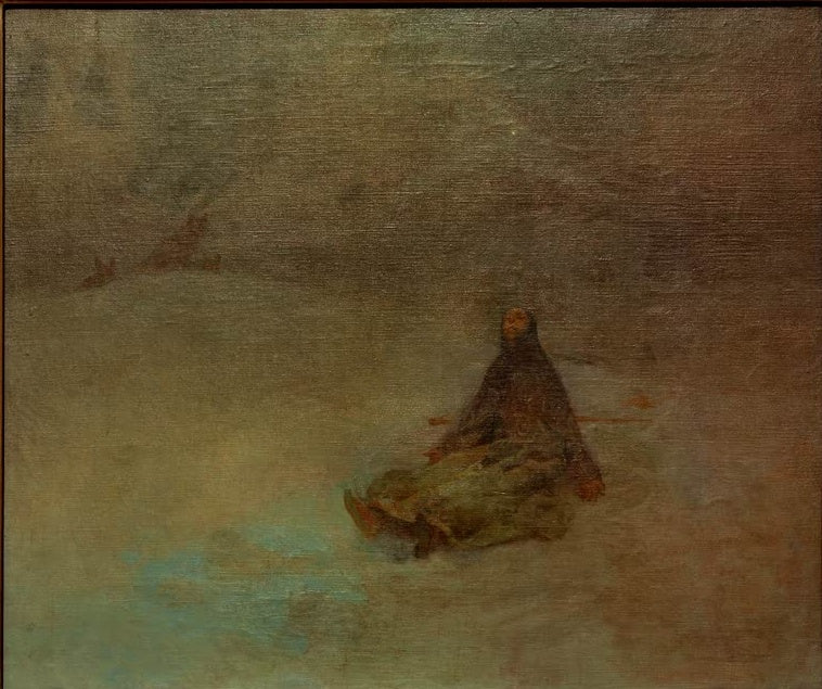 Alfons Mucha Frau in der Wildnis Kunstkopie, verhüllte Gestalt sitzt in einer diesigen, hellen Weite
