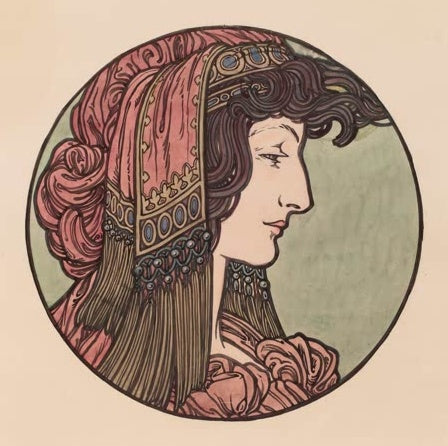 Alfons Mucha Frau mit rotem Kopftuch und Perlenbehang Kunstkopie, Profil im Kreis vor grünem Grund