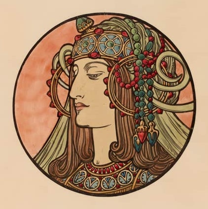 Alfons Mucha Frau mit Schmuckdiadem und Perlenkette Kunstkopie, Profil mit Kopfschmuck vor orangefarbenem Kreis