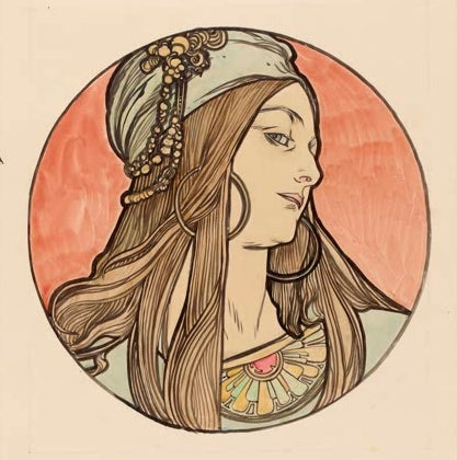Alfons Mucha Frau mit Turban und Ohrringen Kunstkopie, Profil einer Frau mit Kopftuch vor lachsroter Scheibe