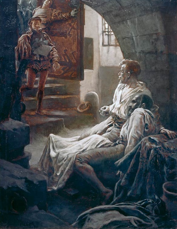 Alfons Mucha Geschichte Spaniens Gefangene im Kerker Kunstkopie, zwei Gefangene in einer Zelle, Besucher auf der Treppe