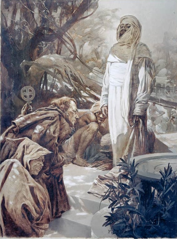 Alfons Mucha Geschichte Spaniens Mönch und Maure Kunstkopie, kniender Mönch vor einem weiß gekleideten Mann