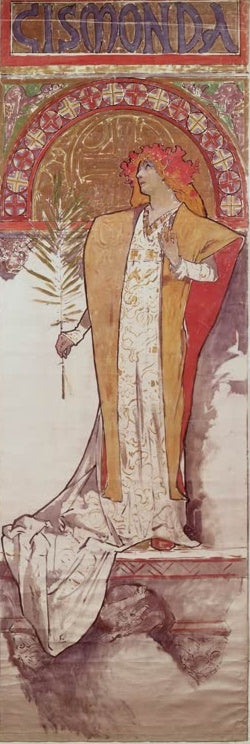 Alfons Mucha Gismonda, Plakatentwurf Kunstkopie, Sarah Bernhardt im goldenen Mantel mit Palmzweig unter rotem Bogen