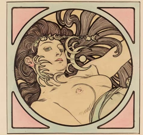 Alfons Mucha Halbakt mit Haarband im Medaillon Kunstkopie, junge Frau mit wallendem Haar im Kreis vor rosa Ecken