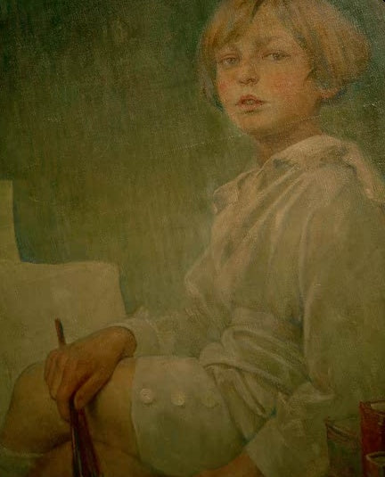 Alfons Mucha Jiří Mucha Sohn des Künstlers Kunstkopie, blonder Junge im weißen Hemd hält einen Pinsel