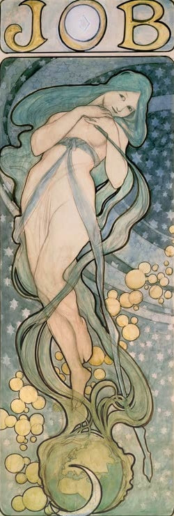 Alfons Mucha Job, Plakatentwurf für Zigarettenpapier Kunstkopie, Frau mit türkisem Haar über Weltkugel und Sternenhimmel