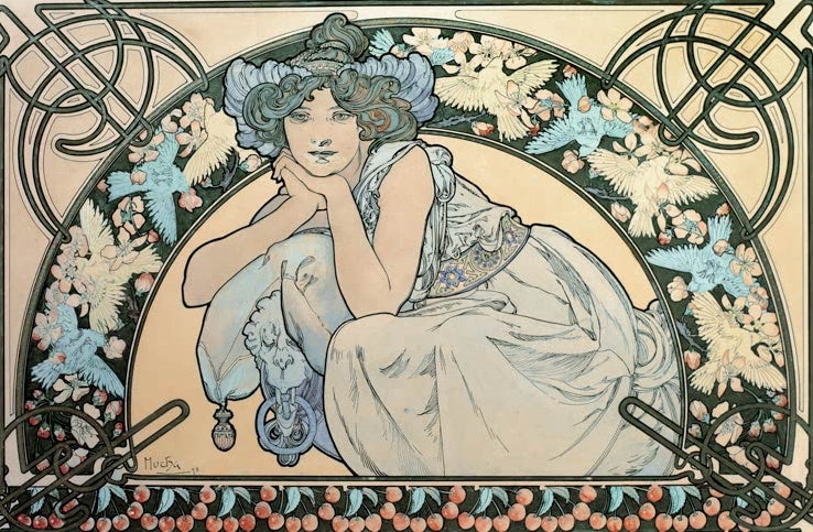Alfons Mucha Kirschblüte Kunstkopie, junge Frau mit aufgestütztem Kinn, umrahmt von Vögeln und Kirschblüten