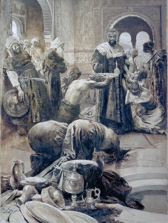 Alfons Mucha König Ferdinand nimmt die Schlüssel von Granada entgegen Kunstkopie, Grisaille mit Kapitulationsszene
