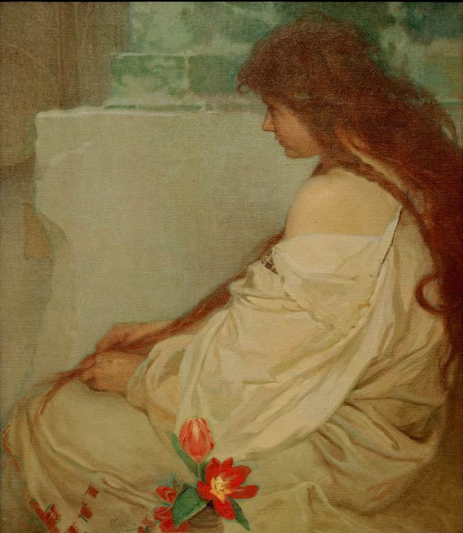 Alfons Mucha Mädchen mit offenem Haar und Tulpen Kunstkopie, Frau im Profil mit langem rotem Haar im hellen Gewand