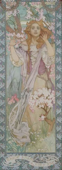 Alfons Mucha Maude Adams als Jeanne d’Arc Kunstkopie, Frau mit rotem Haar zwischen blühenden Zweigen