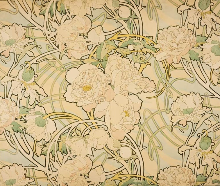 Alfons Mucha Pfingstrosen Kunstkopie, cremeweiße Pfingstrosen mit goldgelben Ranken auf hellem Grund im Jugendstil